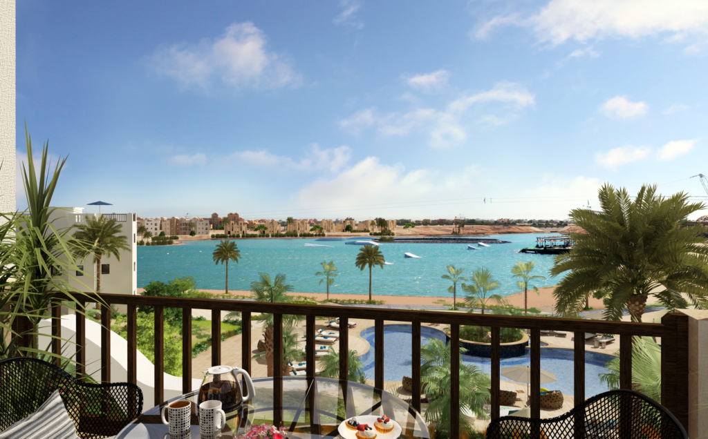 Sliders cable park seen from the deck of a property to buy in EL Gouna