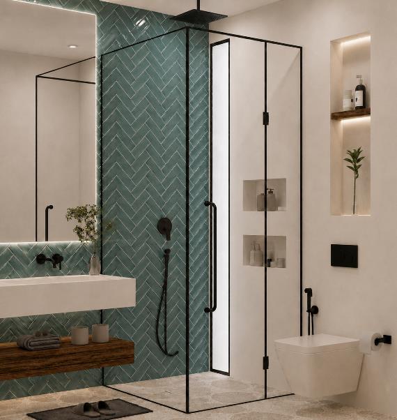 Villa Nautilus 222: green-tiled en-suite bathroom — approved CO-LAB architectural visualisation