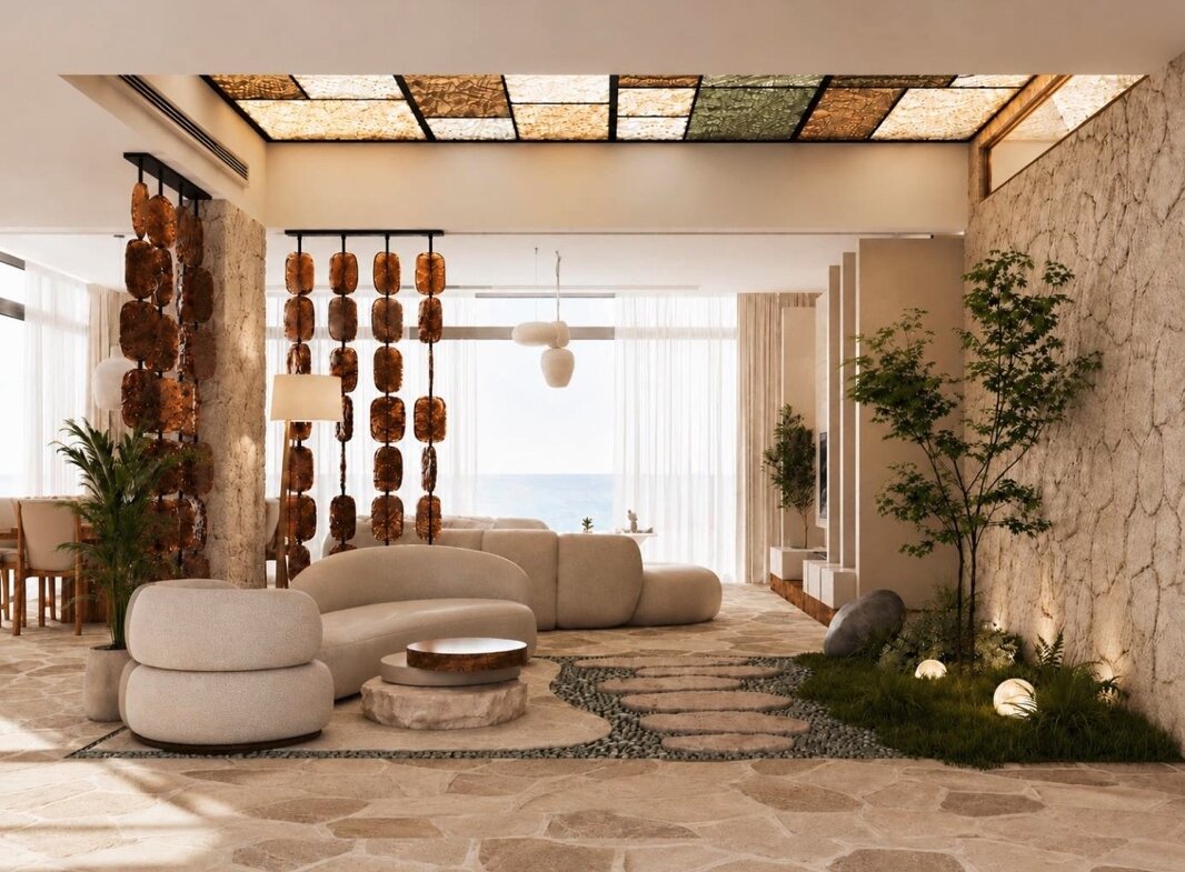Villa Nautilus 222: entrance salon and indoor garden — approved CO-LAB architectural visualisation