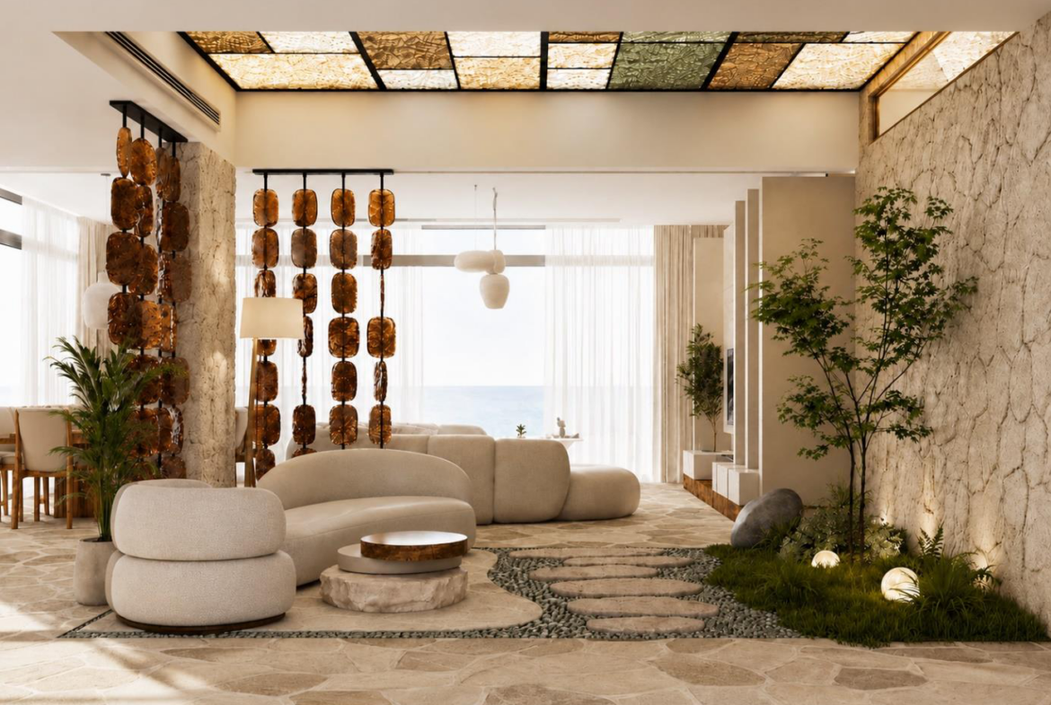 Villa Nautilus 222: entrance salon and indoor garden — approved CO-LAB architectural visualisation