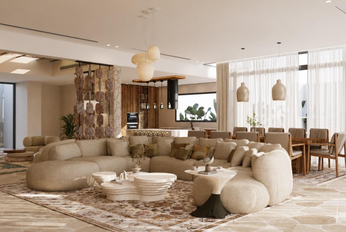Villa Nautilus 222: open living salon and dining room — approved CO-LAB architectural visualisation