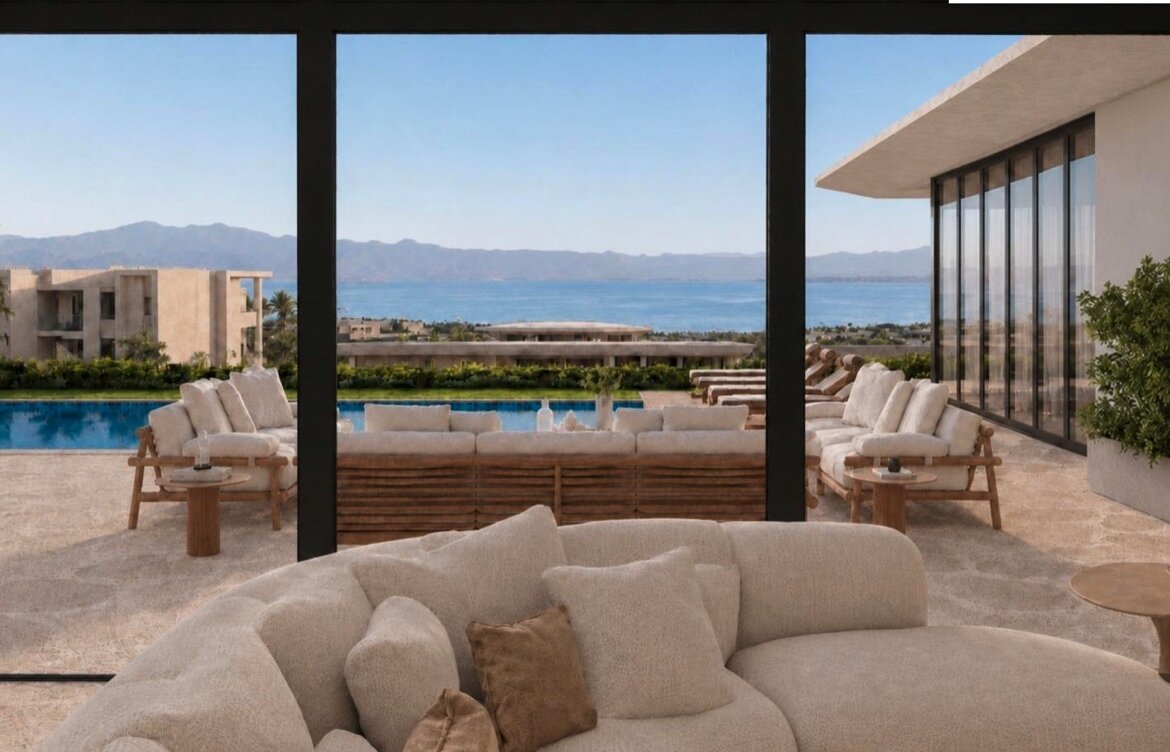 Villa Nautilus 222: glazed living room overlooking the pool — approved CO-LAB architectural visualisation