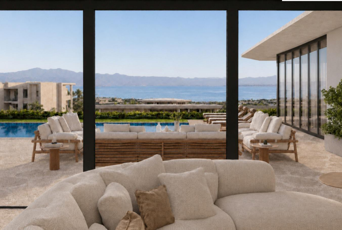 Villa Nautilus 222: glazed living room overlooking the pool — approved CO-LAB architectural visualisation