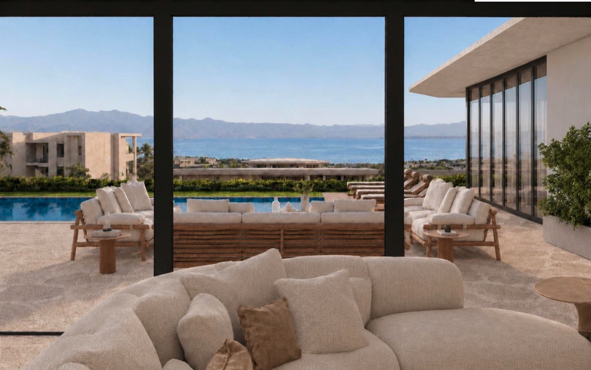 Villa Nautilus — Glazed living room overlooking the pool Villa Nautilus 222: glazed living room overlooking the pool — approved CO-LAB architectural visualisation