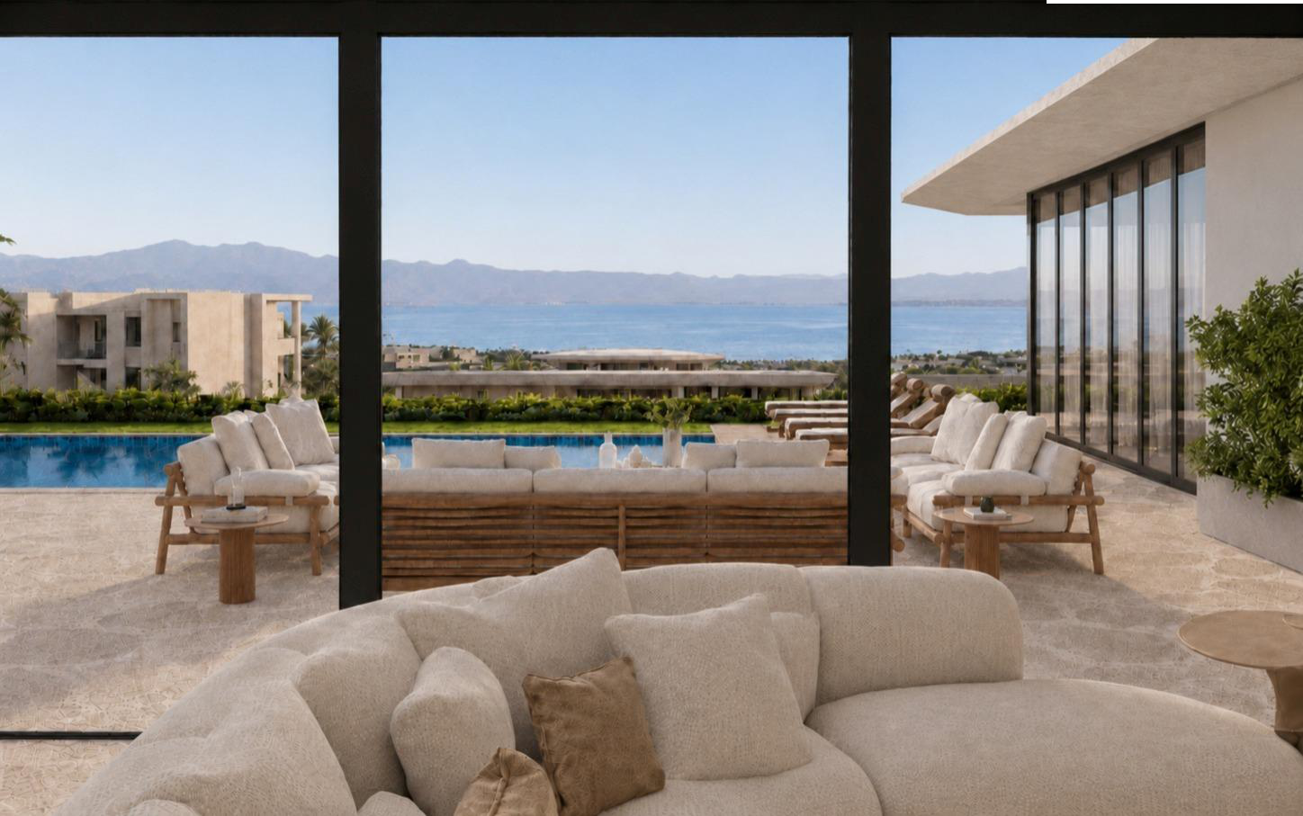 Villa Nautilus 222: glazed living room overlooking the pool — approved CO-LAB architectural visualisation