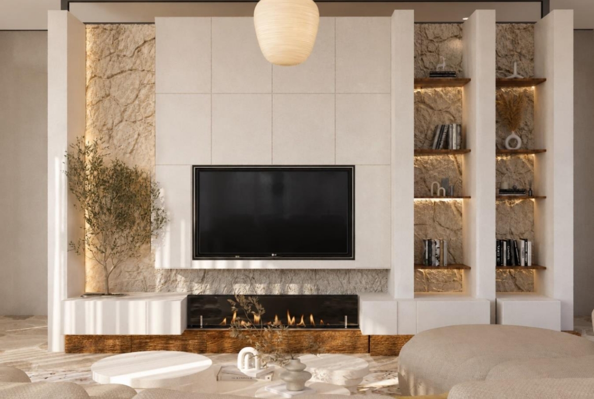Villa Nautilus 222: evening lounge fireplace and media wall — approved CO-LAB architectural visualisation