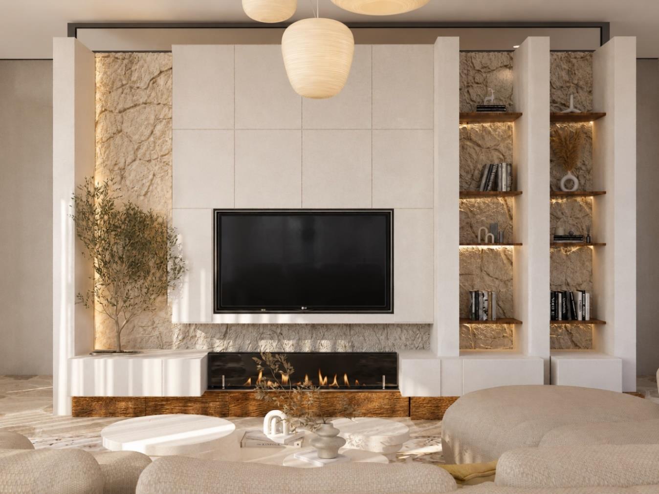 Villa Nautilus 222 — evening lounge fireplace and media wall in the approved CO-LAB design