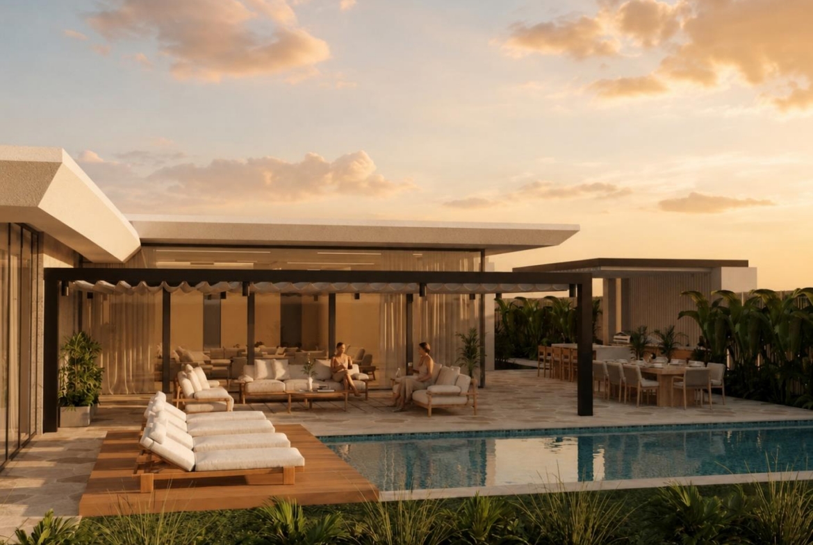 Villa Nautilus 222: villa pool and entertaining pavilion at dusk — approved CO-LAB architectural visualisation