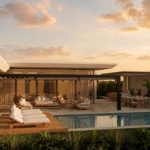 Villa Nautilus 222: villa pool and entertaining pavilion at dusk — approved CO-LAB architectural visualisation