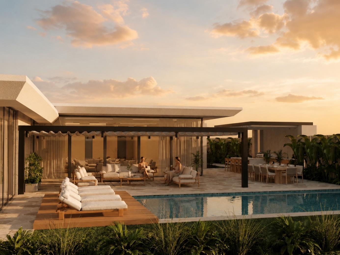 Villa Nautilus 222 — villa pool and entertaining pavilion at dusk in the approved CO-LAB design