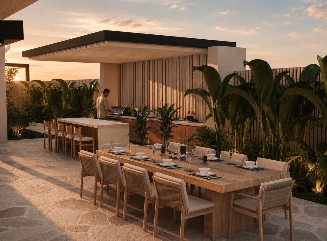 Villa Nautilus 222: covered outdoor dining pavilion — approved CO-LAB architectural visualisation