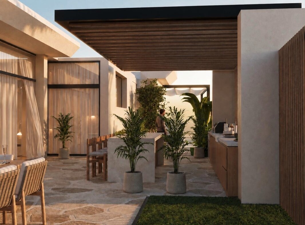 Villa Nautilus 222: shaded terrace and garden — approved CO-LAB architectural visualisation