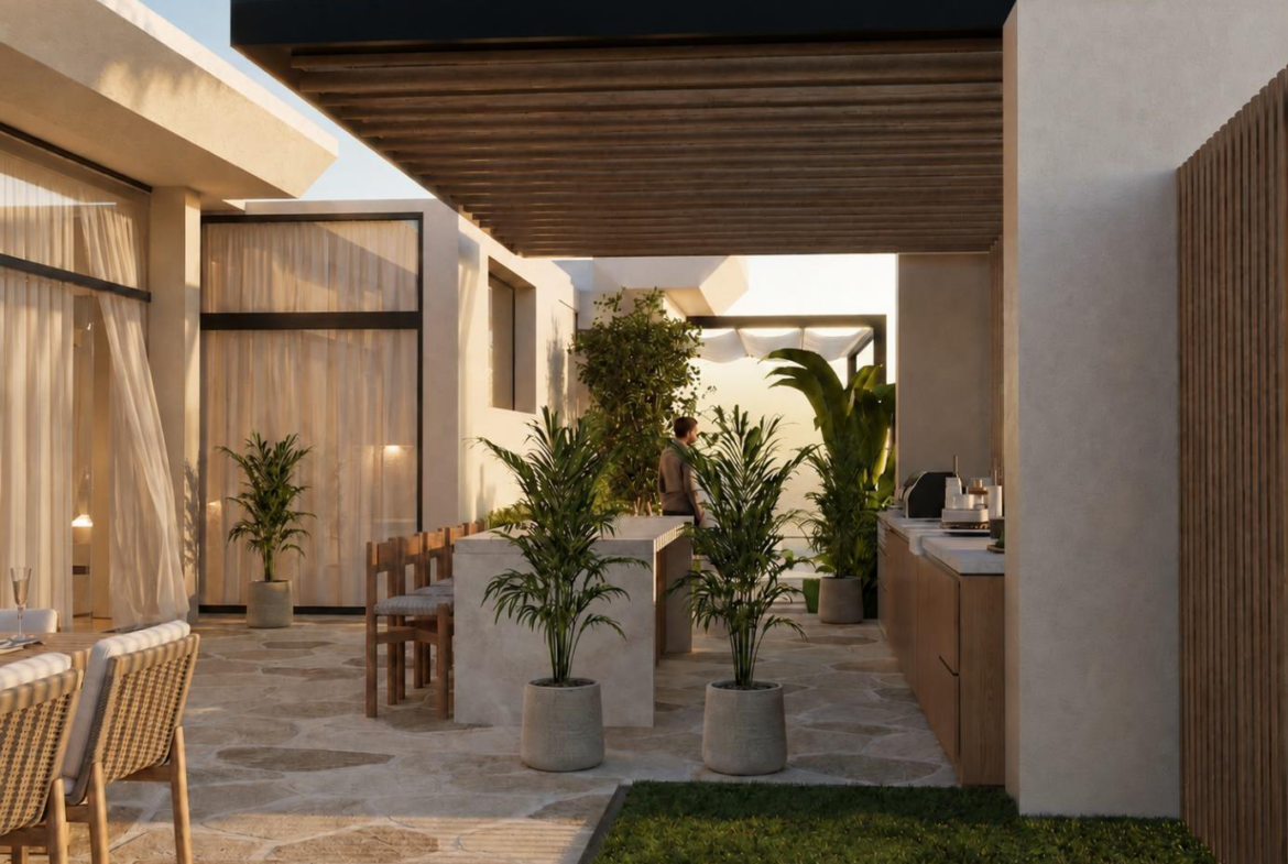 Villa Nautilus 222: shaded terrace and garden — approved CO-LAB architectural visualisation