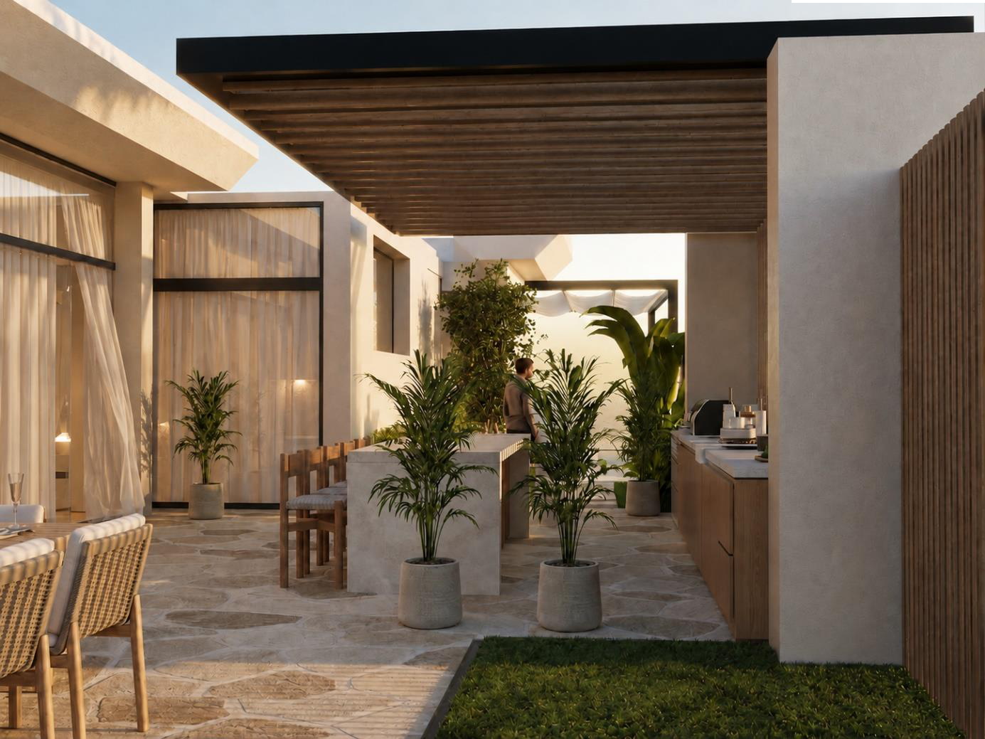 Villa Nautilus 222: shaded terrace and garden — approved CO-LAB architectural visualisation