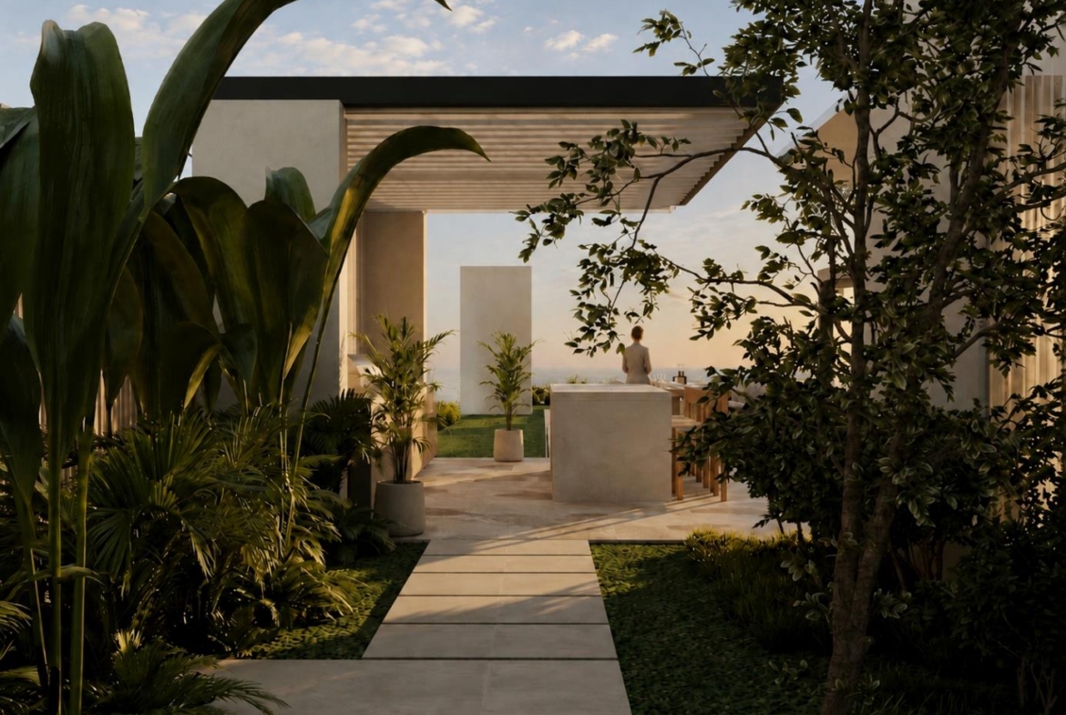 Villa Nautilus 222: landscaped courtyard path — approved CO-LAB architectural visualisation