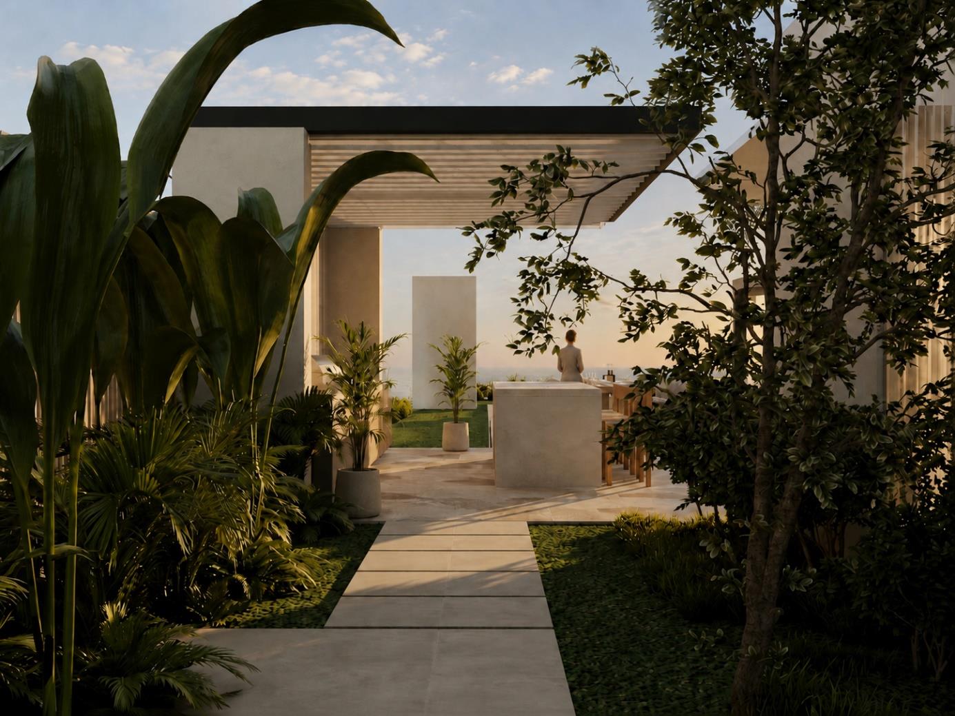 Villa Nautilus 222: landscaped courtyard path — approved CO-LAB architectural visualisation