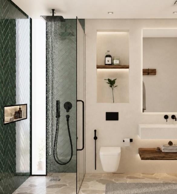 Villa Nautilus 222: en-suite rain shower and vanity — approved CO-LAB architectural visualisation