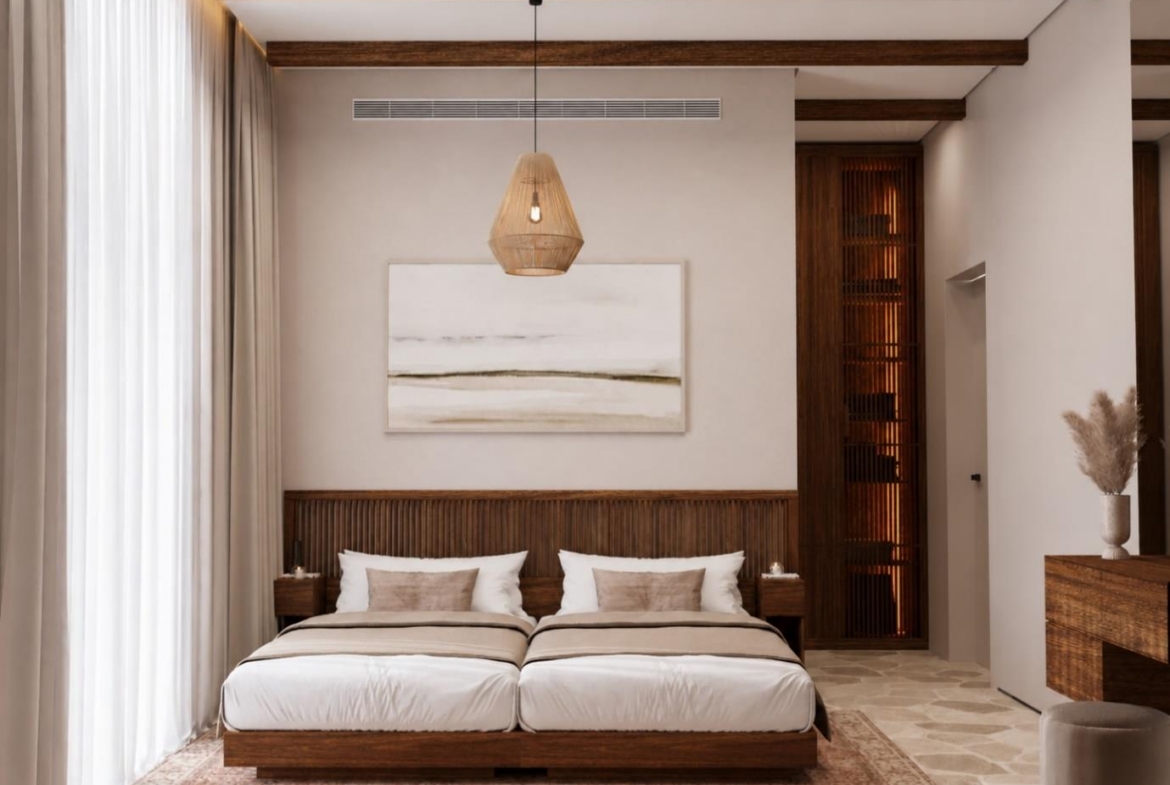 Villa Nautilus 222: bedroom with exposed timber beams — approved CO-LAB architectural visualisation