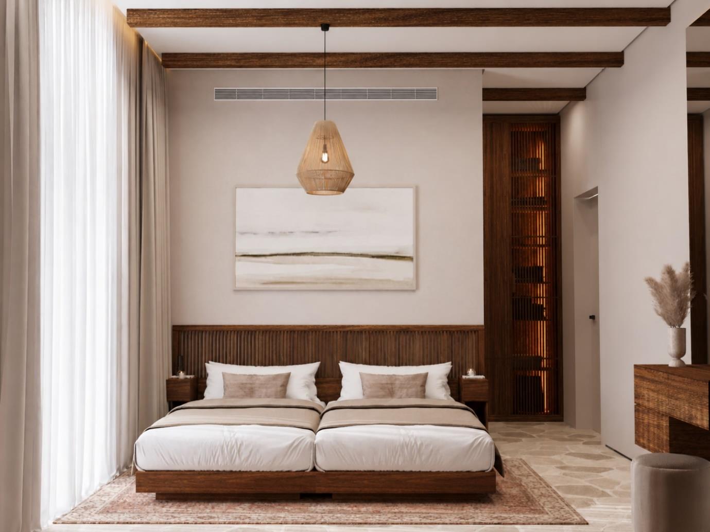 Villa Nautilus 222: bedroom with exposed timber beams — approved CO-LAB architectural visualisation